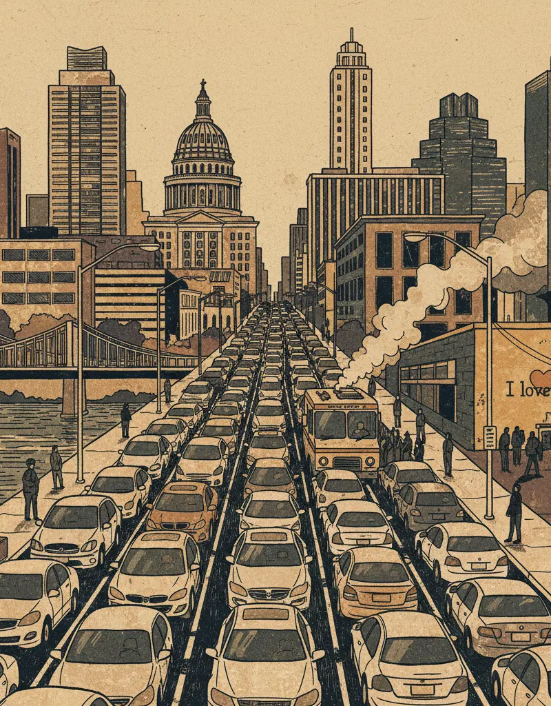 Editorial illustration: PREPARE FOR BURNET ROAD TO BECOME A PARKING LOT WITH OCCASIONAL SIDEWALKS