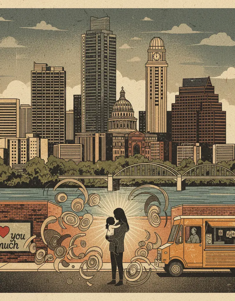 Editorial illustration: AUSTIN'S COLLECTIVE PANIC ATTACK ENDS AS MISSING TODDLER FOUND
