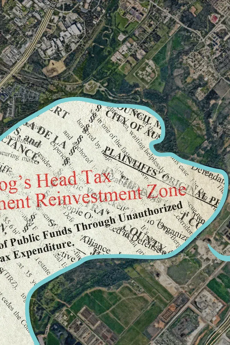 Editorial illustration: LAWSUIT CHALLENGES DOG  ’S HEAD DEVELOPMENT, ACCUSES CITY OF HANDING DEVELOPER VETO POWER