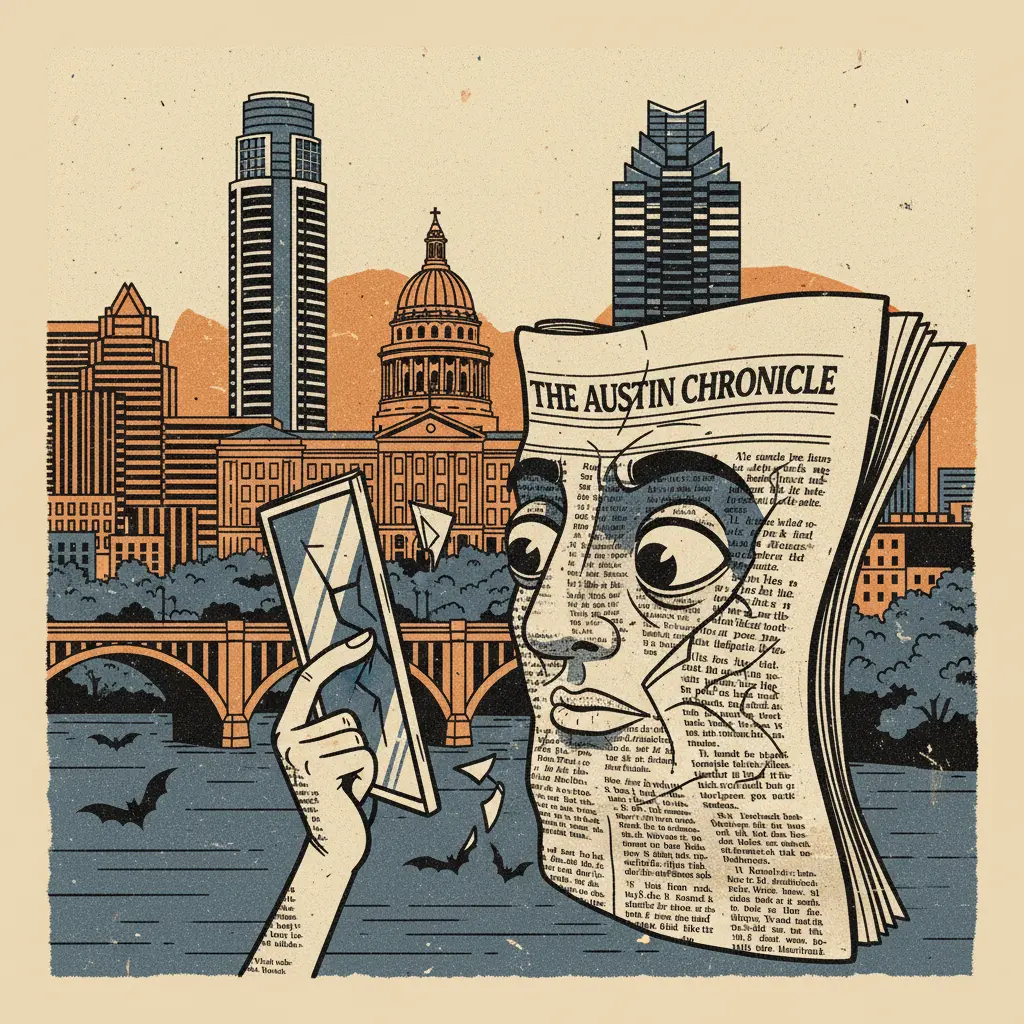 Editorial illustration: THE AUSTIN CHRONICLE IS REPORTING ITSELF