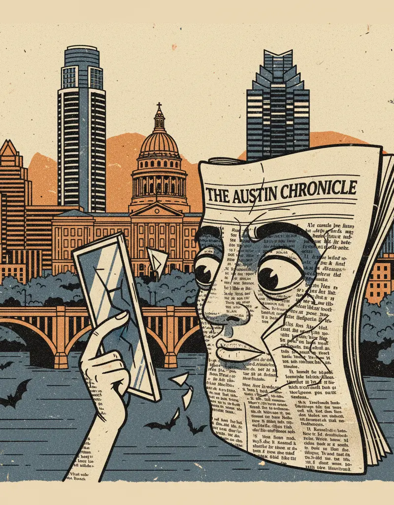 Editorial illustration: THE AUSTIN CHRONICLE IS REPORTING ITSELF