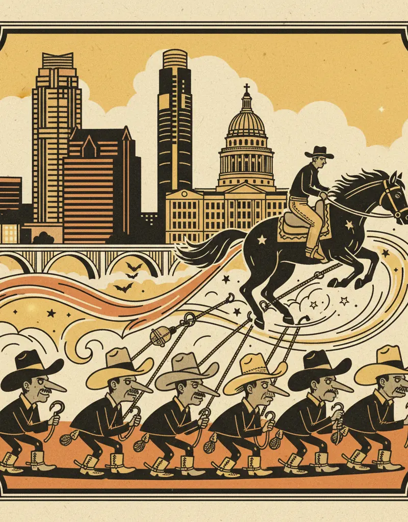 Editorial illustration: SCAMMERS TRY TO RIDE THE HOUSTON RODEO'S COATTAILS
