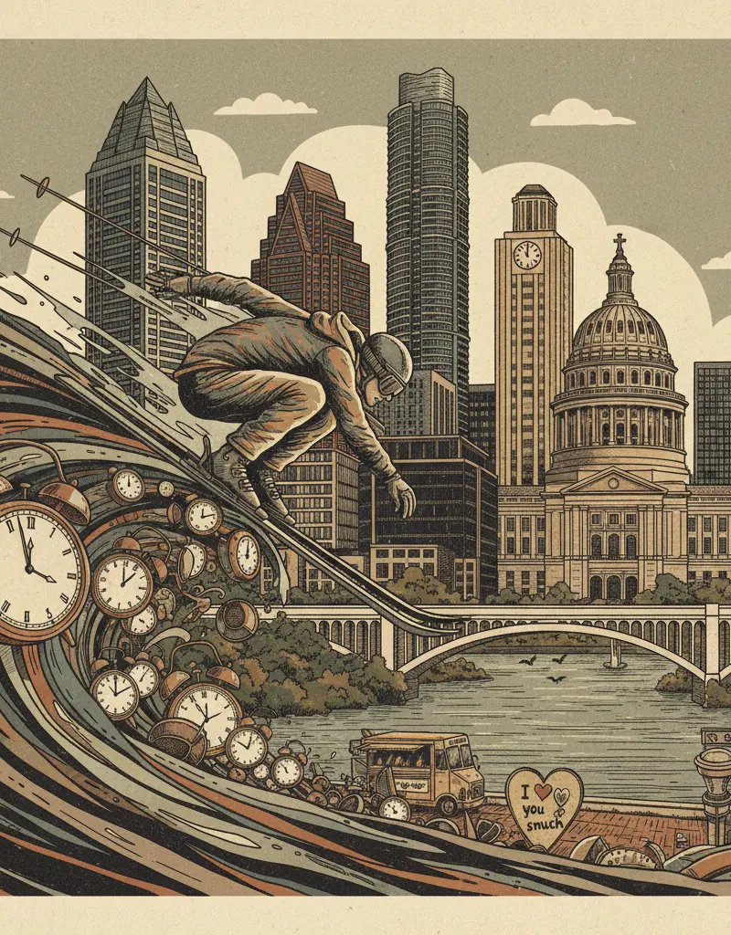 Editorial illustration: SACRIFICE YOUR SLEEP SCHEDULE TO WATCH SOMEONE SKI REALLY FAST