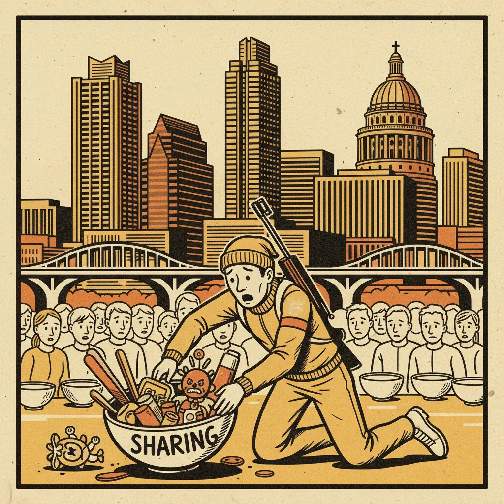 Editorial illustration: OLYMPIC BIATHLETE REALIZES SHARING IS NOT ALWAYS CARING