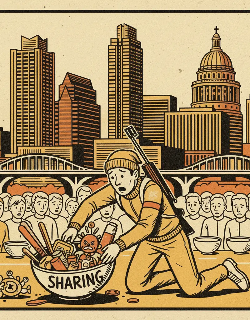 Editorial illustration: OLYMPIC BIATHLETE REALIZES SHARING IS NOT ALWAYS CARING
