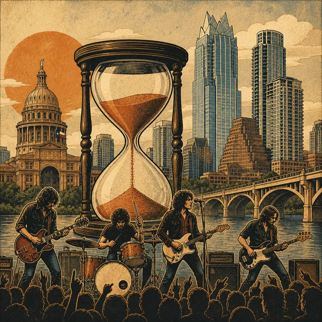 Editorial illustration: THE BAND COMES BACK TO REMIND YOU TIME IS RUNNING OUT — FONT AT RADIO/EAST: SATURDAY, AUGUST 1 — $19.60