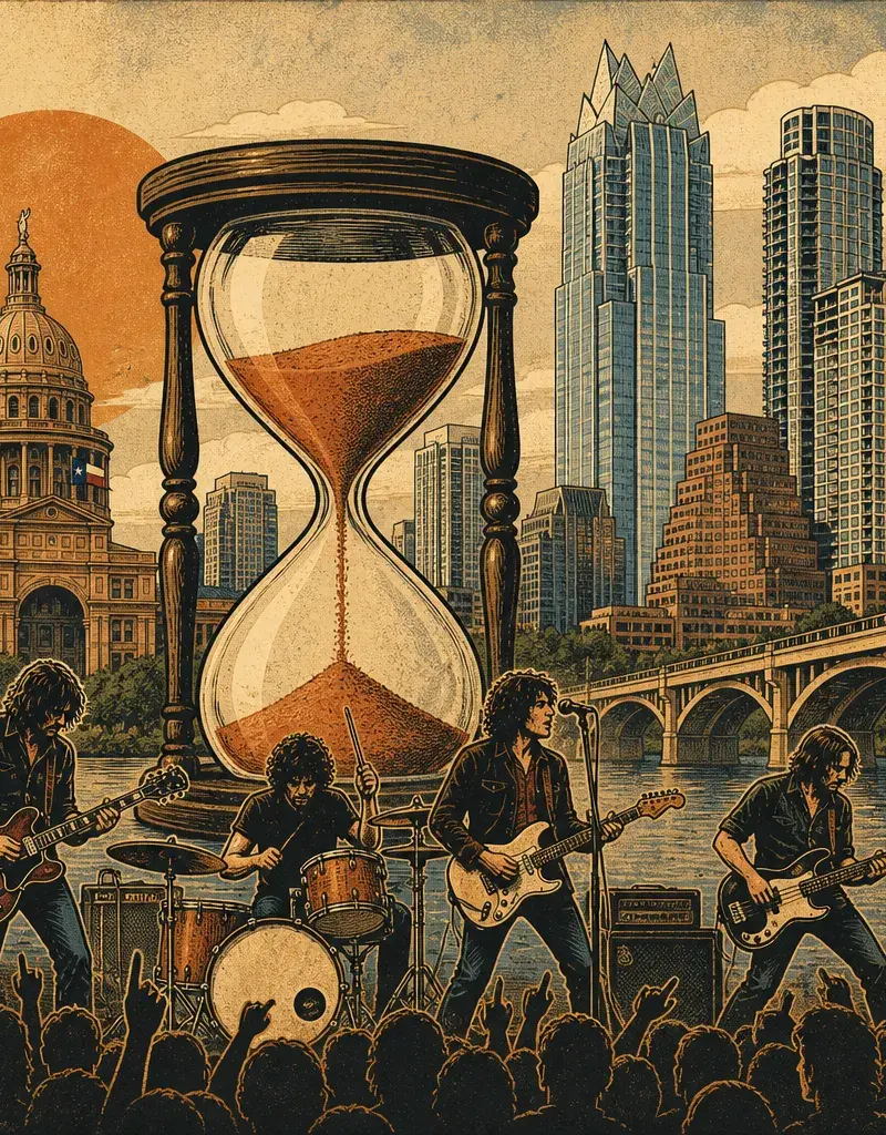 Editorial illustration: THE BAND COMES BACK TO REMIND YOU TIME IS RUNNING OUT — FONT AT RADIO/EAST: SATURDAY, AUGUST 1 — $19.60