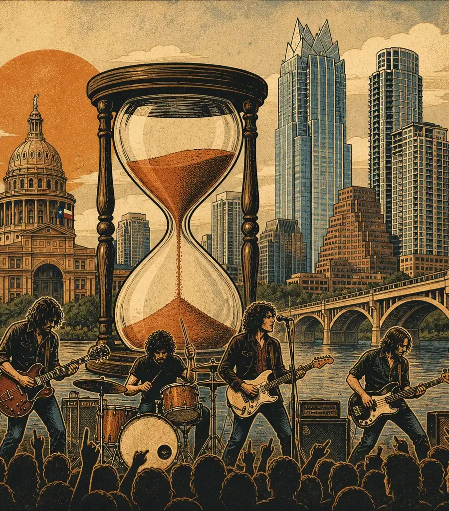 Editorial illustration: THE BAND COMES BACK TO REMIND YOU TIME IS RUNNING OUT — FONT AT RADIO/EAST: SATURDAY, AUGUST 1 — $19.60