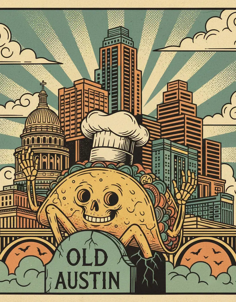 Editorial illustration: ANOTHER TACO JOINT RISES FROM THE GRAVE OF OLD AUSTIN