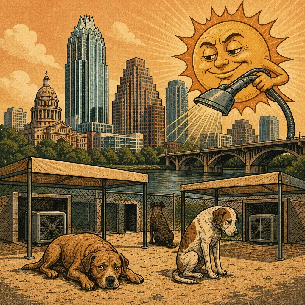 Editorial illustration: CITY STEALS THE SUN'S JOB, TOO HOT TO SUIT: TWO OF SIX DOG RUNS AT AUSTIN ANIMAL CENTER LOSE AC — FOSTERS NEEDED, AUSTIN ANIMAL SERVICES SAYS