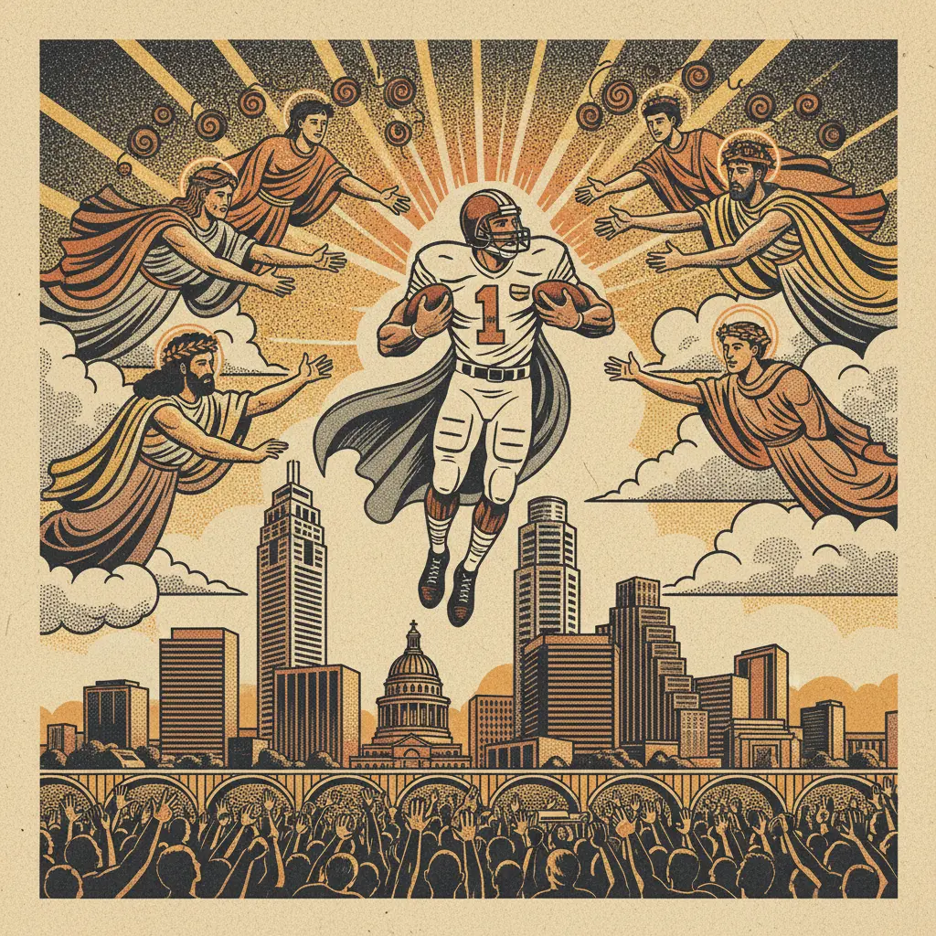 Editorial illustration: FOOTBALL GOD FINALLY ACKNOWLEDGED BY OTHER GODS