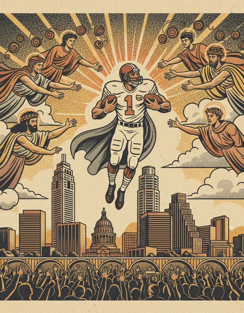 Editorial illustration: FOOTBALL GOD FINALLY ACKNOWLEDGED BY OTHER GODS