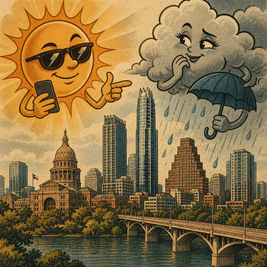 Editorial illustration: RAIN FLIRTS, HEAT KEEPS TEXTING: SHOWERS POSSIBLE EAST OF I-35 THIS EVENING