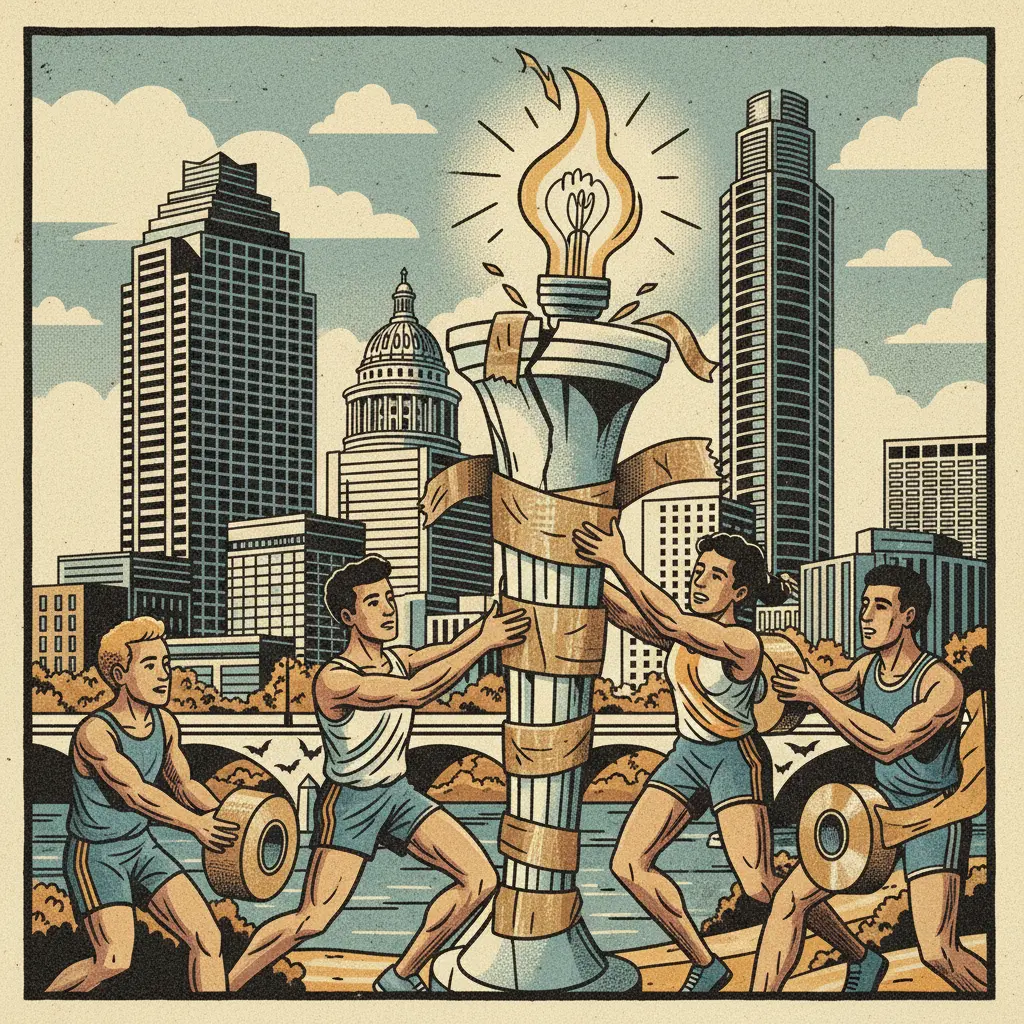 Editorial illustration: THE OLYMPIC DREAM IS HELD TOGETHER WITH TAPE