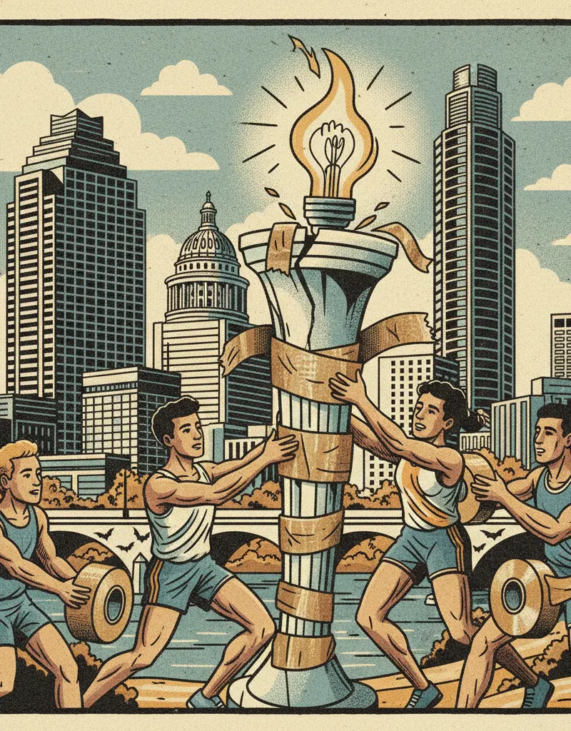 Editorial illustration: THE OLYMPIC DREAM IS HELD TOGETHER WITH TAPE