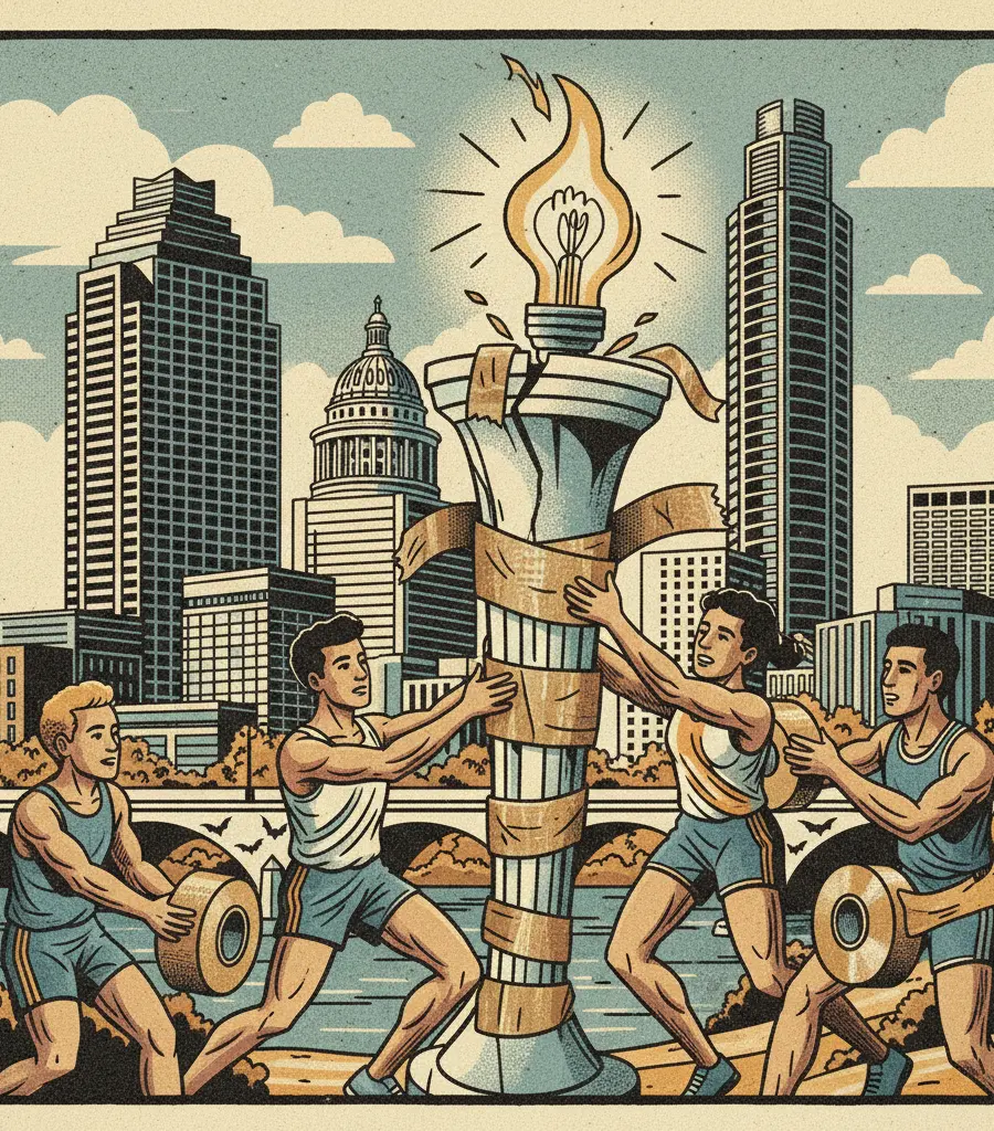 Editorial illustration: THE OLYMPIC DREAM IS HELD TOGETHER WITH TAPE