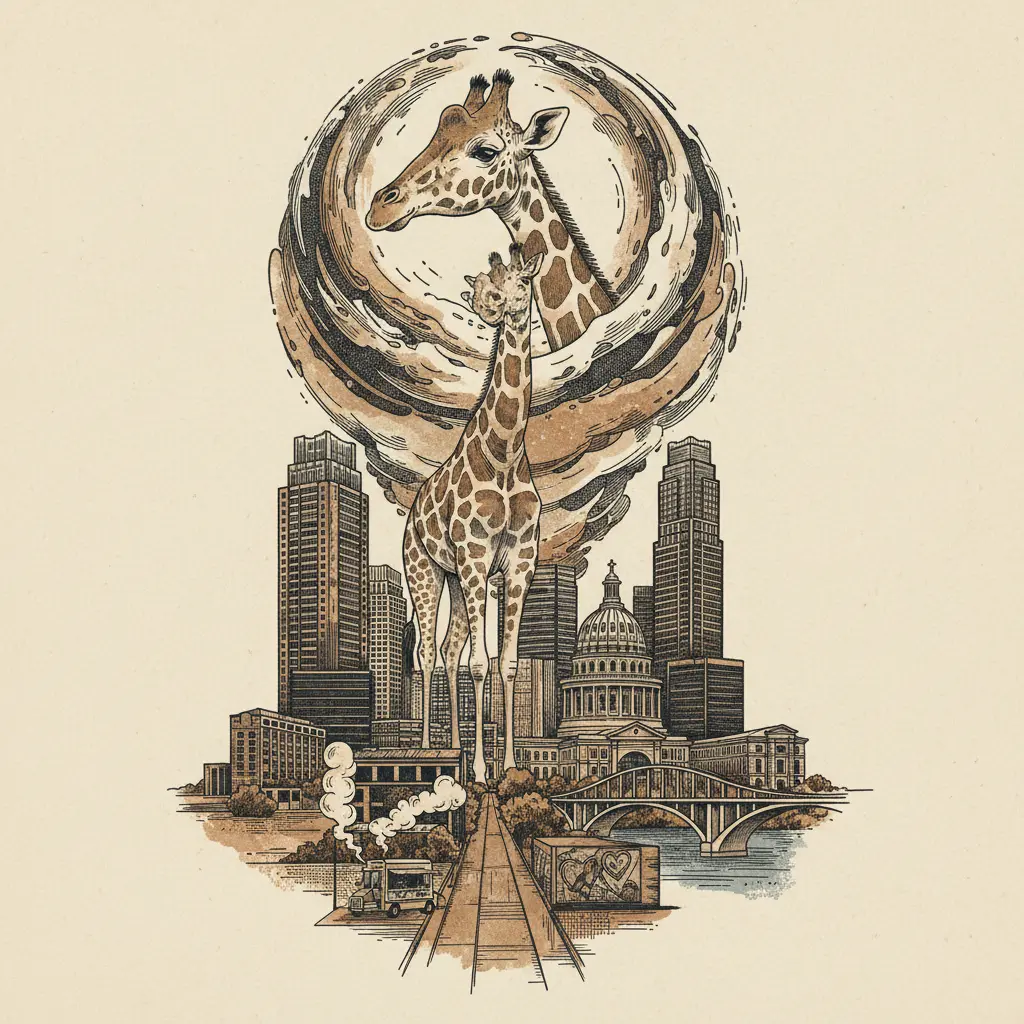 Editorial illustration: KIPEKEE, THE SPOTLESS GIRAFFE, HAS JOINED THE GREAT HERD IN THE SKY