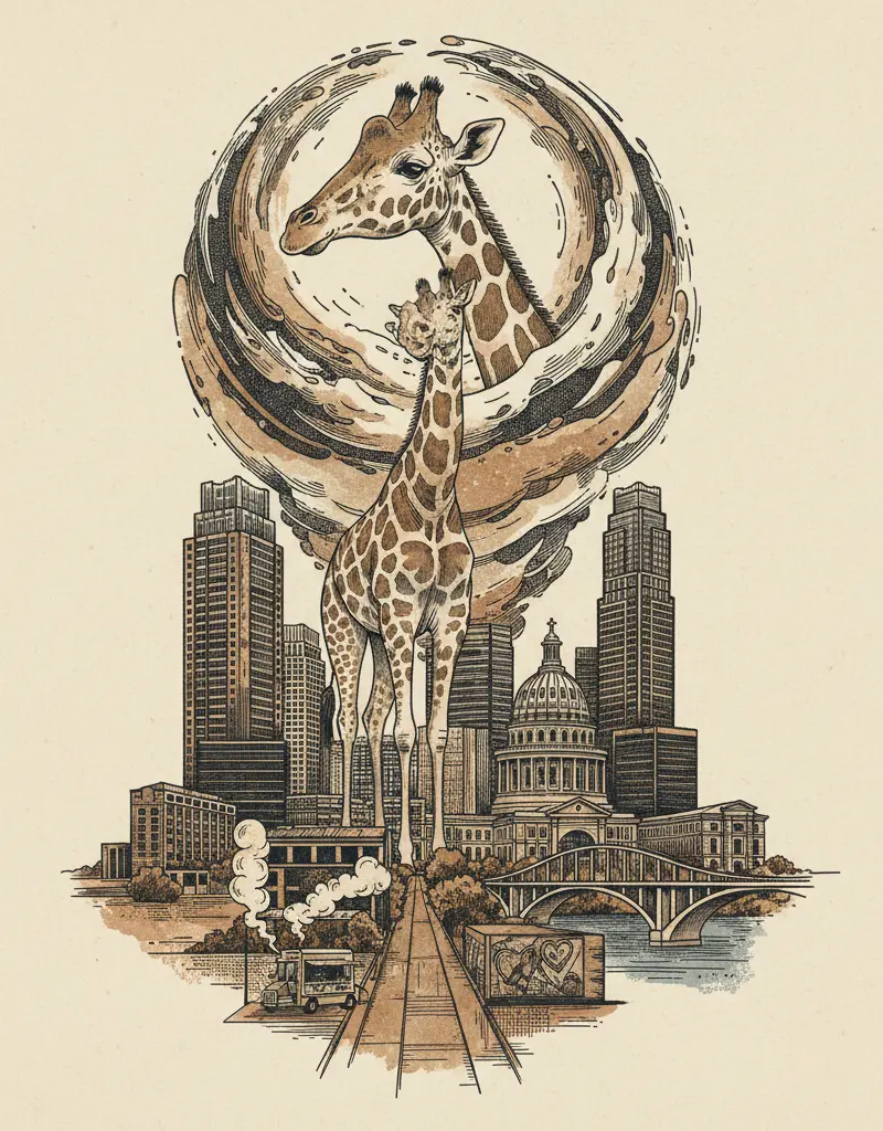 Editorial illustration: KIPEKEE, THE SPOTLESS GIRAFFE, HAS JOINED THE GREAT HERD IN THE SKY