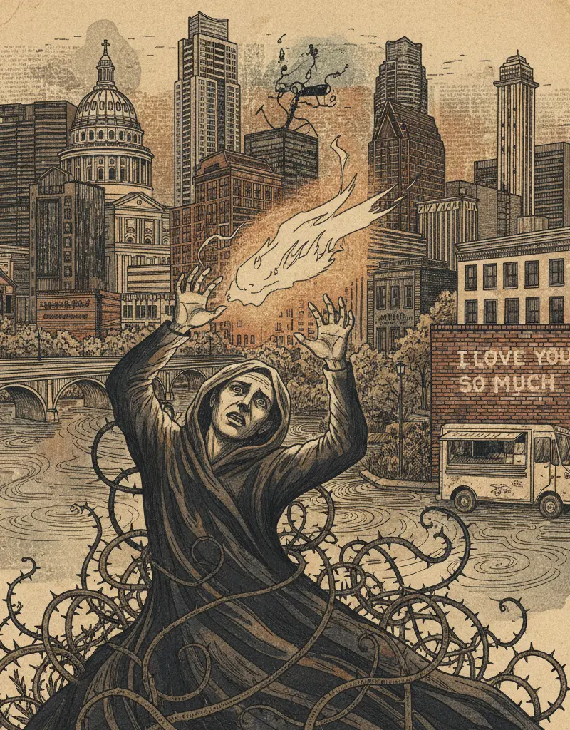 Editorial illustration: HOPE SPRINGS ETERNAL (AND TERRIFYING) AS SEARCH FOR NANCY GUTHRIE CONTINUES