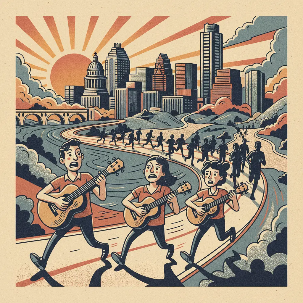 Editorial illustration: UKULELE BAND AT MARATHON PROVES WE'RE ALL RUNNING FROM SOMETHING
