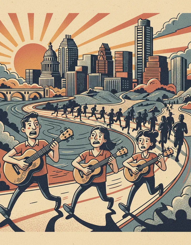 Editorial illustration: UKULELE BAND AT MARATHON PROVES WE'RE ALL RUNNING FROM SOMETHING