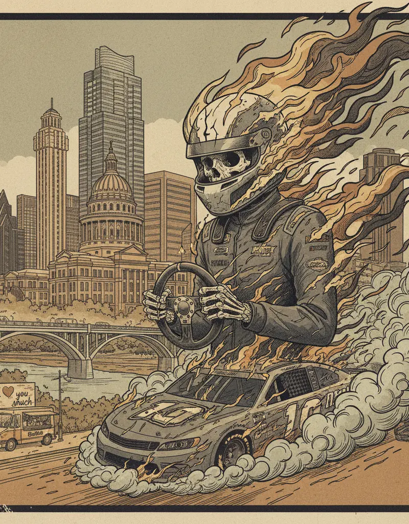 Editorial illustration: THE FINAL REPORT ON THE DENNY HAMLIN FIRE IS HERE TO REMIND YOU MORTALITY IS REAL