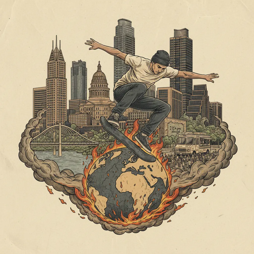 Editorial illustration: WATCH JORDAN STOLZ SKATE IN THE OLYMPICS INSTEAD OF WATCHING THE WORLD BURN