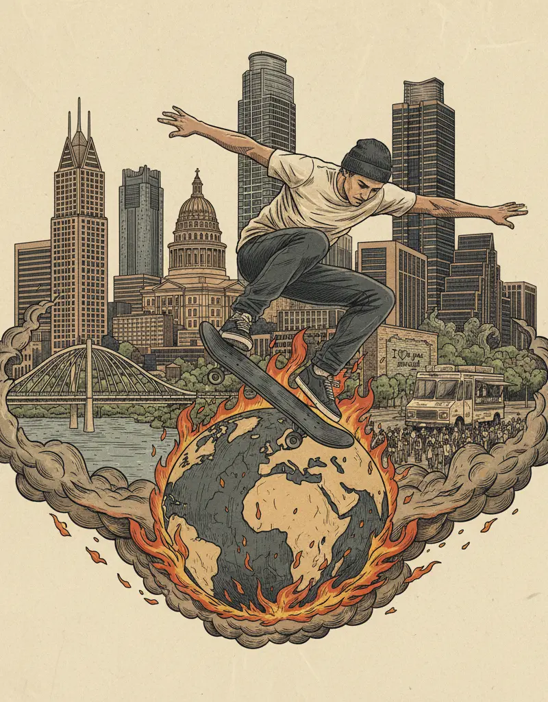 Editorial illustration: WATCH JORDAN STOLZ SKATE IN THE OLYMPICS INSTEAD OF WATCHING THE WORLD BURN