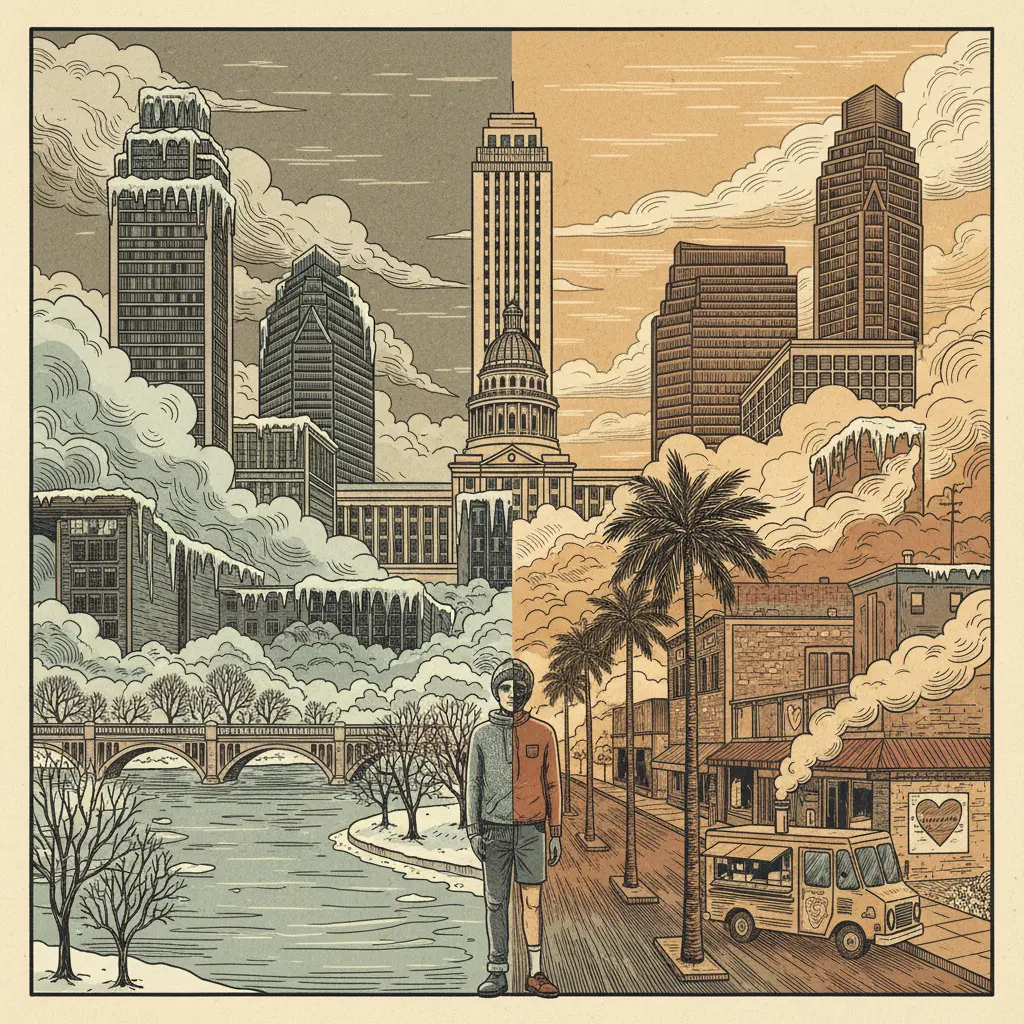 Editorial illustration: NATURE'S BIPOLAR DISORDER CONTINUES: AUSTIN FREEZES BEFORE IT FEELS LIKE JULY