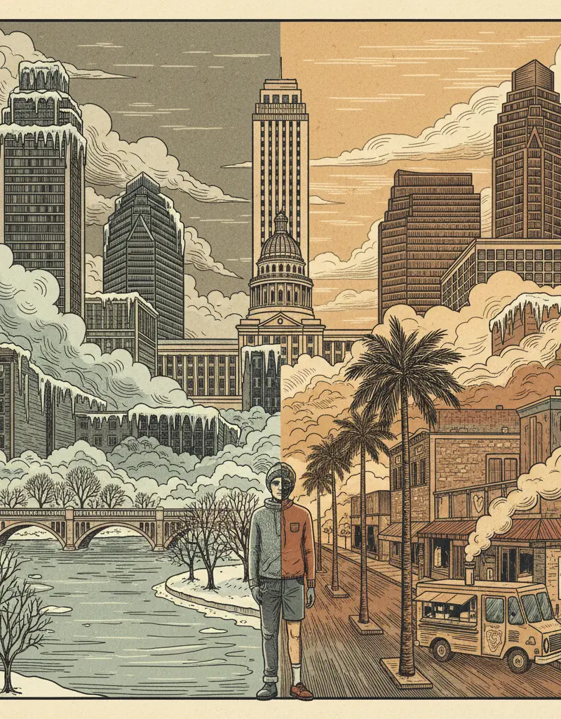 Editorial illustration: NATURE'S BIPOLAR DISORDER CONTINUES: AUSTIN FREEZES BEFORE IT FEELS LIKE JULY