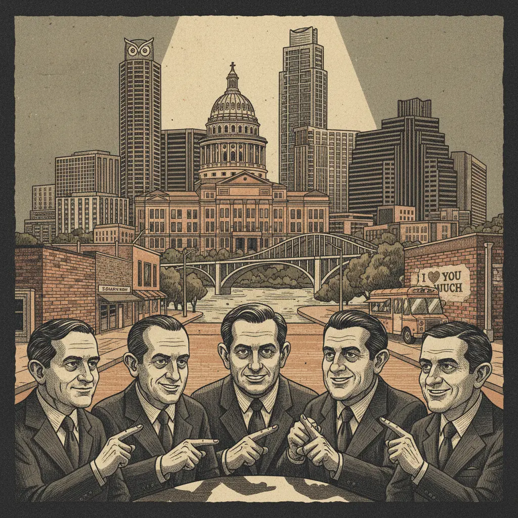 Editorial illustration: WATCH TEXAS GOP AG CANDIDATES COMPETE TO BE THE NEXT VILLAIN IN A DOCUMENTARY