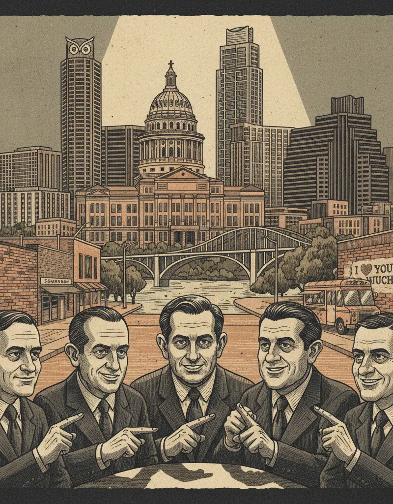Editorial illustration: WATCH TEXAS GOP AG CANDIDATES COMPETE TO BE THE NEXT VILLAIN IN A DOCUMENTARY
