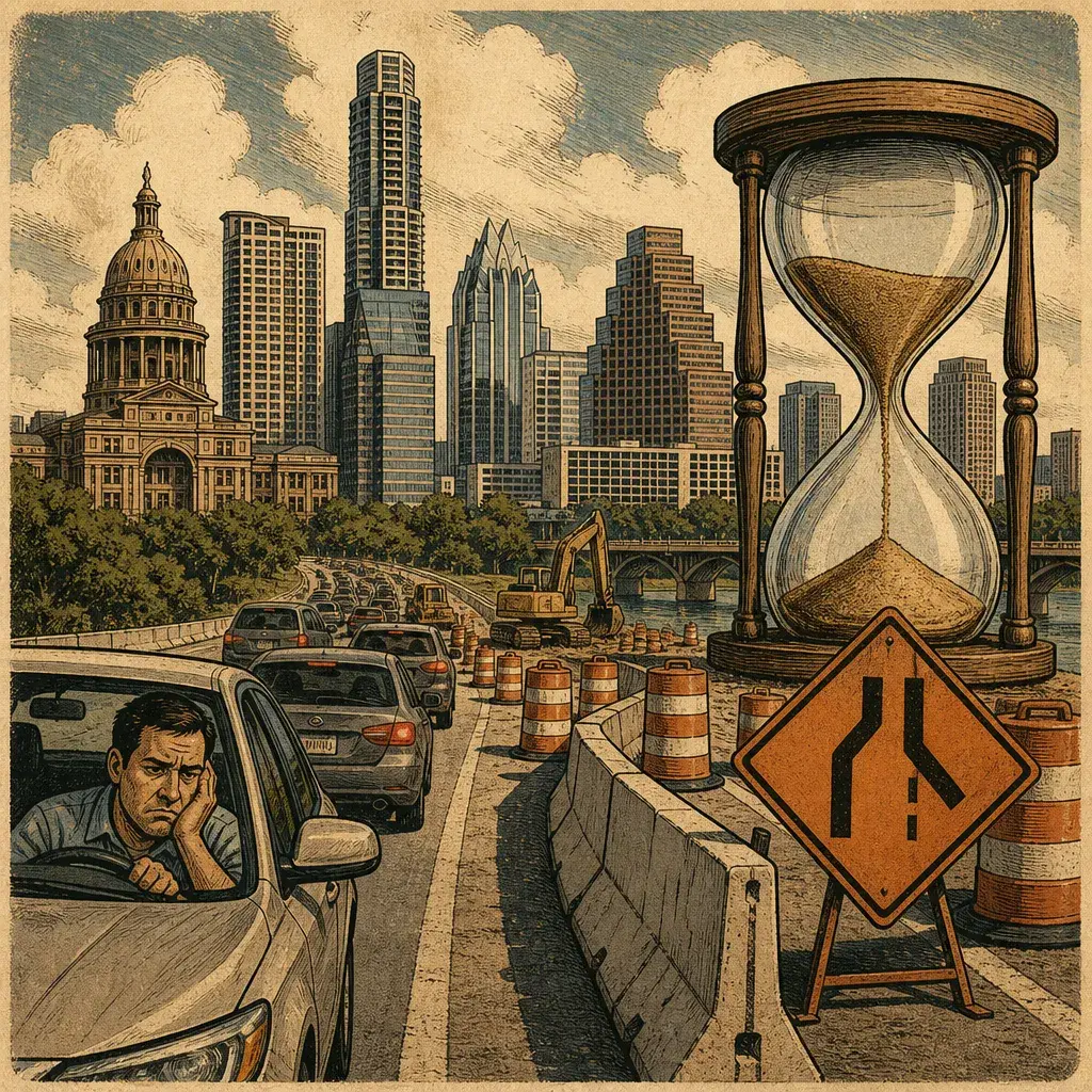 Editorial illustration: PRESIDENTIAL BOULEVARD WILL STEAL 30 DAYS OF YOUR PATIENCE: FAR-LEFT LANE TO CLOSE NEAR AUS RETURN LOOP THIS MONTH