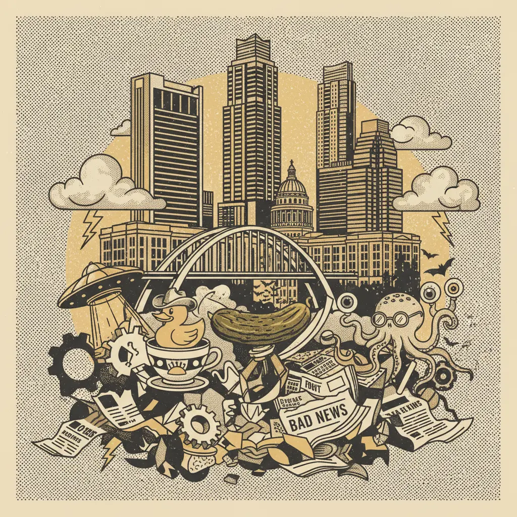 Editorial illustration: THE NEWS IS ALWAYS BAD, BUT SOMETIMES IT'S JUST WEIRD