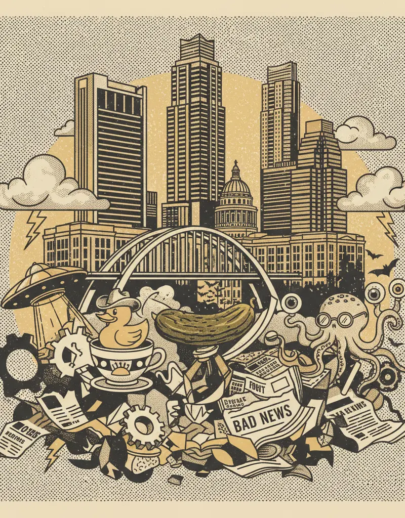 Editorial illustration: THE NEWS IS ALWAYS BAD, BUT SOMETIMES IT'S JUST WEIRD