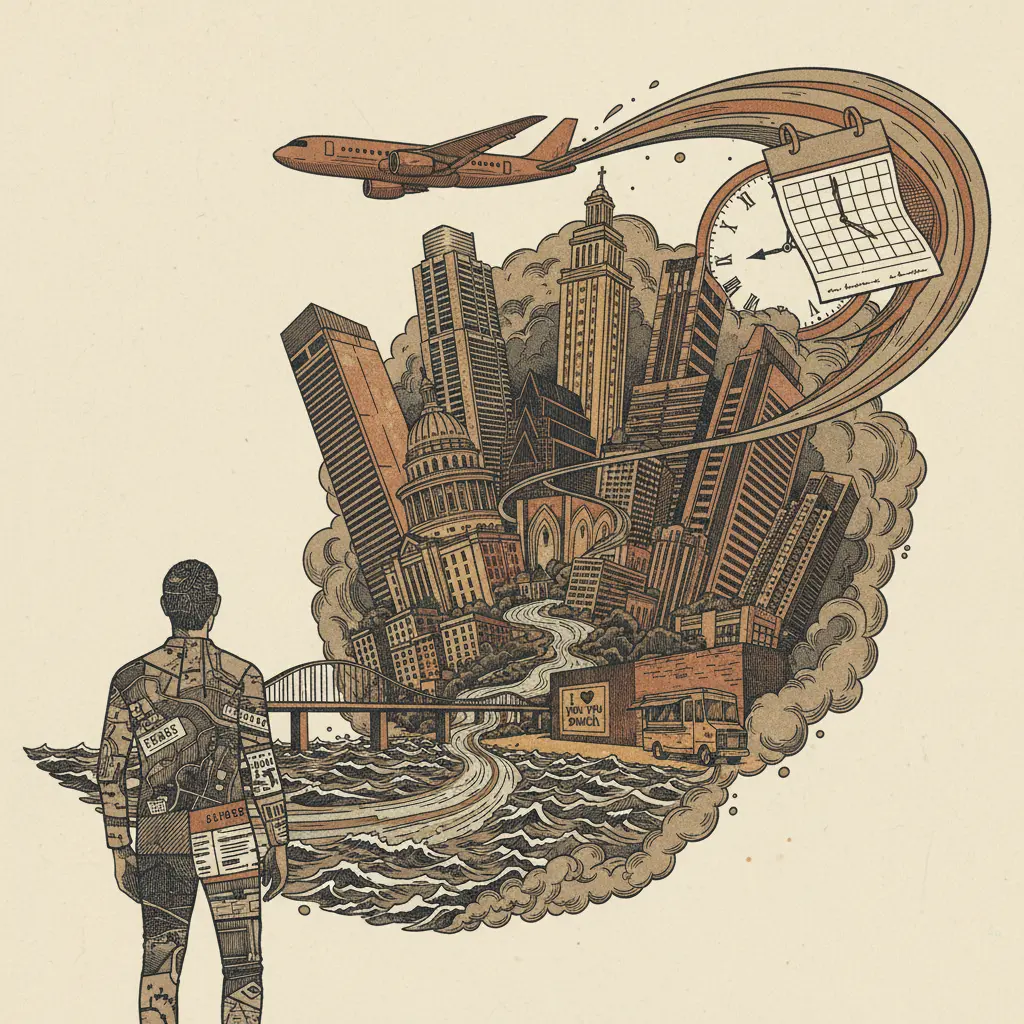 Editorial illustration: AUS WANTS YOU TO SPEND 14 HOURS ON A PLANE TO FORGET YOU LIVE IN AUSTIN