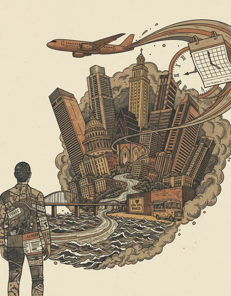 Editorial illustration: AUS WANTS YOU TO SPEND 14 HOURS ON A PLANE TO FORGET YOU LIVE IN AUSTIN