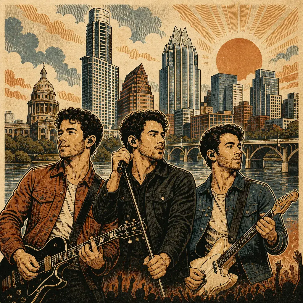 Editorial illustration: NOSTALGIA SOLD SEPARATELY: JONAS BROTHERS' BURNING UP TOUR ALL OVER AGAIN — MOODY CENTER, NOV. 13