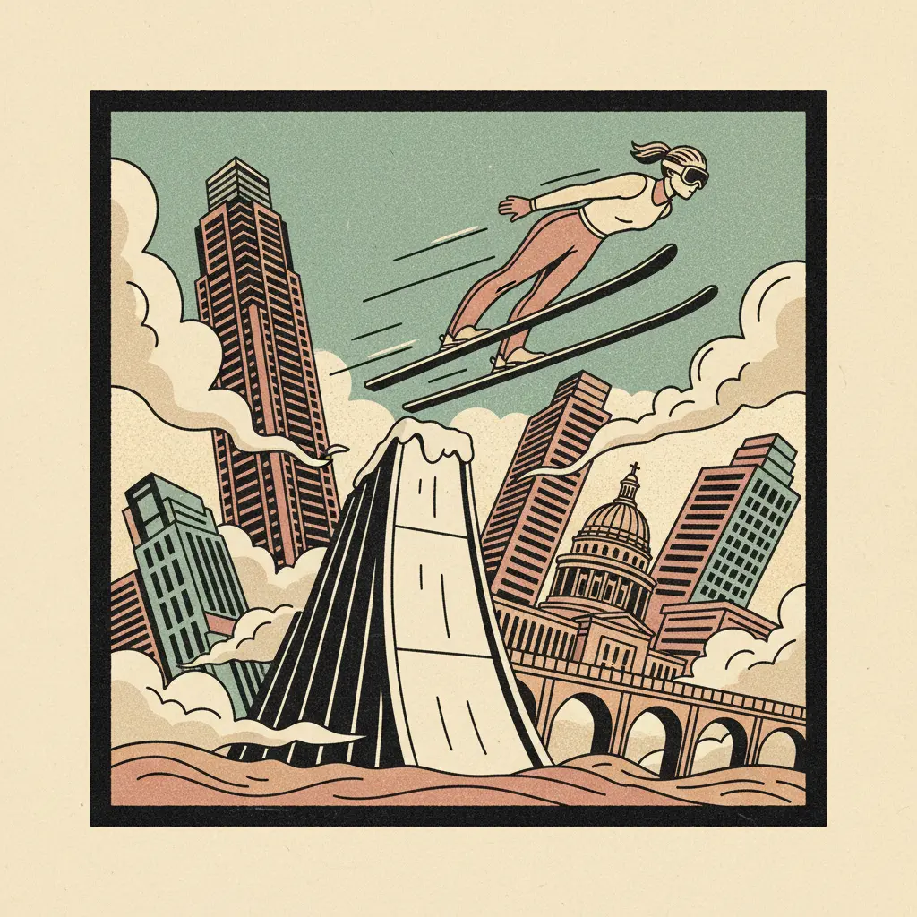 Editorial illustration: GRAVITY STILL EXISTS, WOMAN WINS SKI JUMPING
