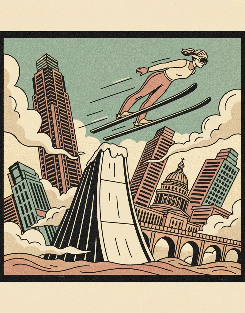 Editorial illustration: GRAVITY STILL EXISTS, WOMAN WINS SKI JUMPING