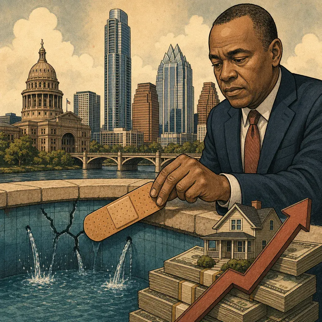 Editorial illustration: THE CITY PUTS A BAND-AID ON THE LEAKING POOL · CITY MANAGER T.C. BROADNAX PROPOSES $6.6 BILLION BUDGET WITH 3.5% PROPERTY TAX INCREASE TO COVER $26 MILLION SHORTFALL