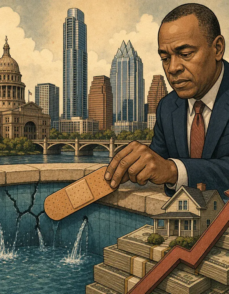Editorial illustration: THE CITY PUTS A BAND-AID ON THE LEAKING POOL · CITY MANAGER T.C. BROADNAX PROPOSES $6.6 BILLION BUDGET WITH 3.5% PROPERTY TAX INCREASE TO COVER $26 MILLION SHORTFALL
