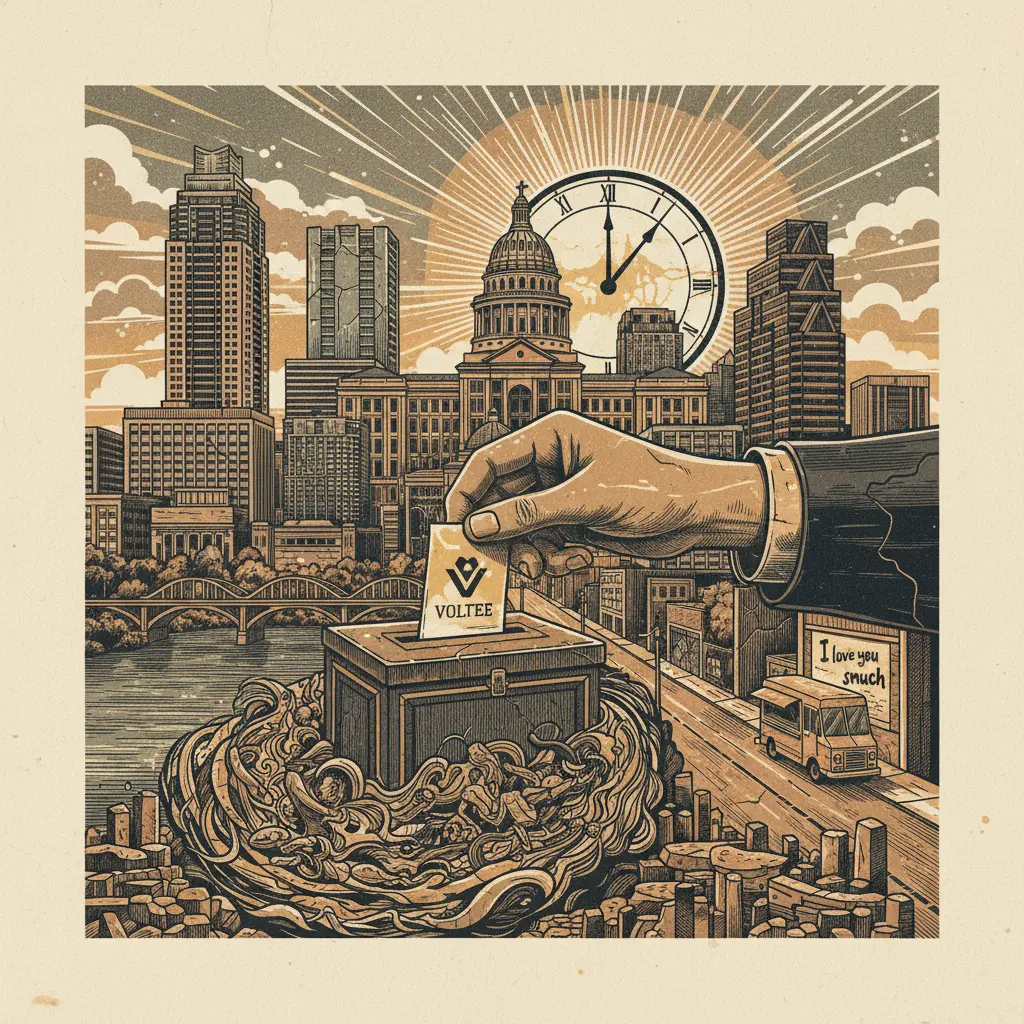 Editorial illustration: ESCAPE YOUR EXISTENTIAL DREAD: CAST A BALLOT BEFORE THE SUN SETS ON DEMOCRACY