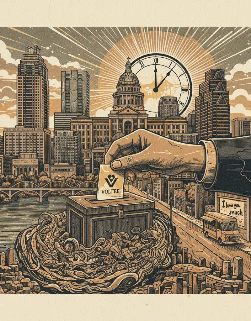 Editorial illustration: ESCAPE YOUR EXISTENTIAL DREAD: CAST A BALLOT BEFORE THE SUN SETS ON DEMOCRACY