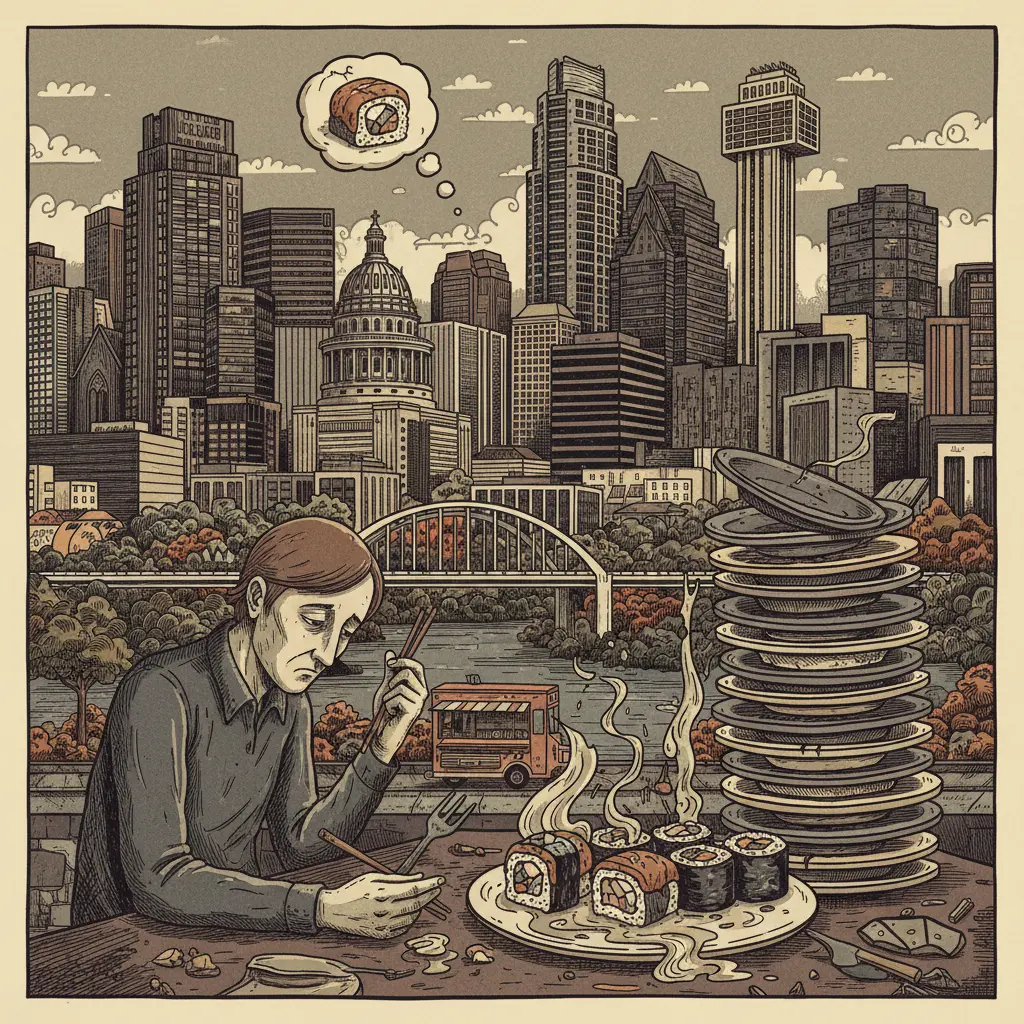 Editorial illustration: OMAKASE FATIGUE: BECAUSE SPONTANEITY IS DEAD, SUSHI IS BORING, AND WE'RE ALL GOING TO DIE