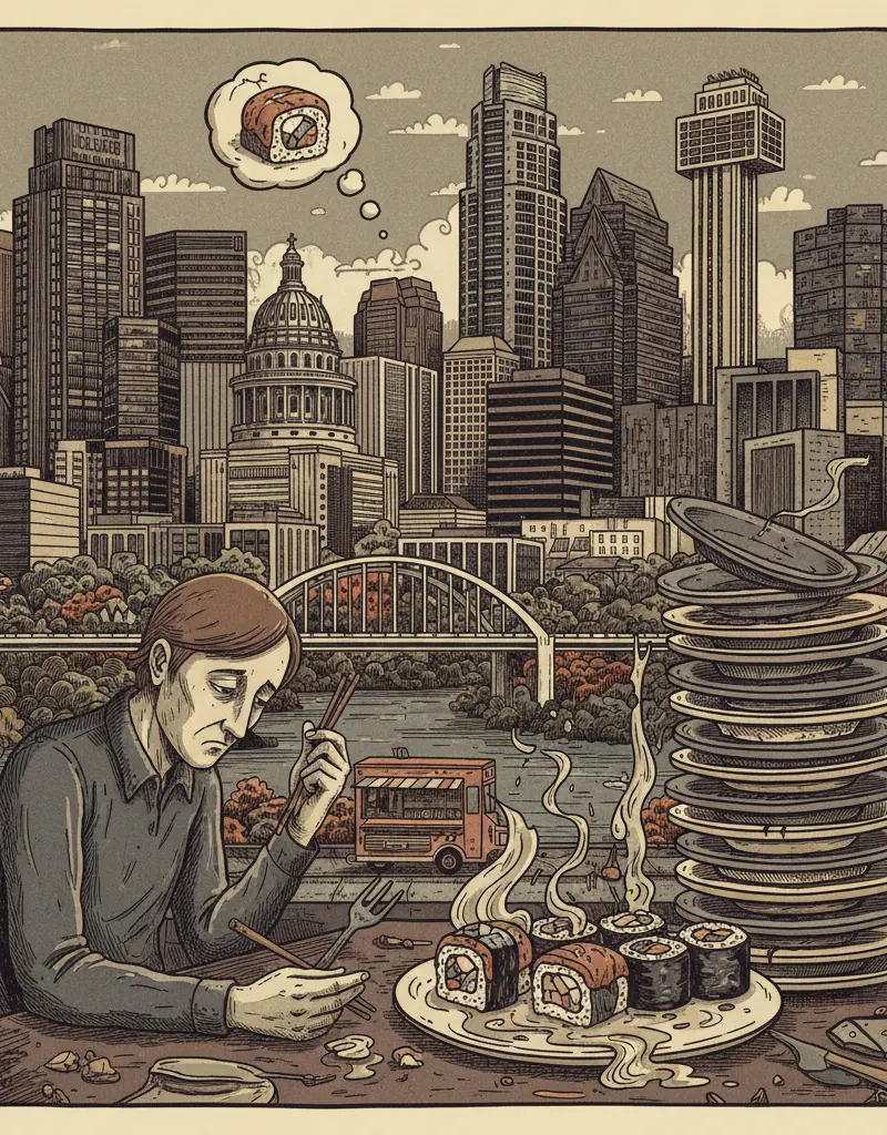 Editorial illustration: OMAKASE FATIGUE: BECAUSE SPONTANEITY IS DEAD, SUSHI IS BORING, AND WE'RE ALL GOING TO DIE