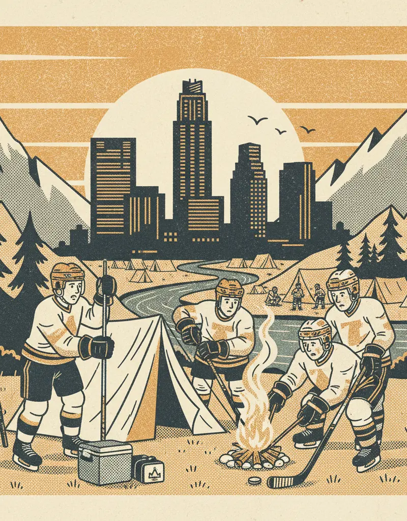 Editorial illustration: HOCKEY PLAYERS ARE APPARENTLY CAMPING?