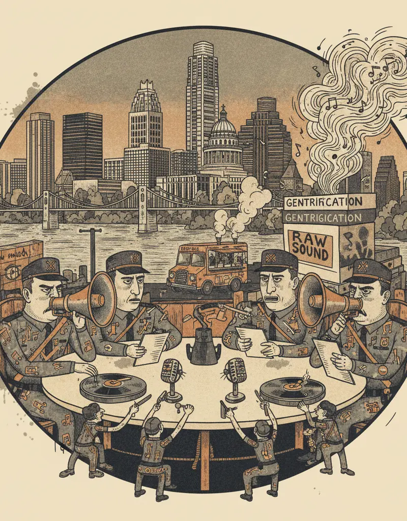 Editorial illustration: THE FUN POLICE ARE HOLDING A MEETING TO GENTRIFY SOUND