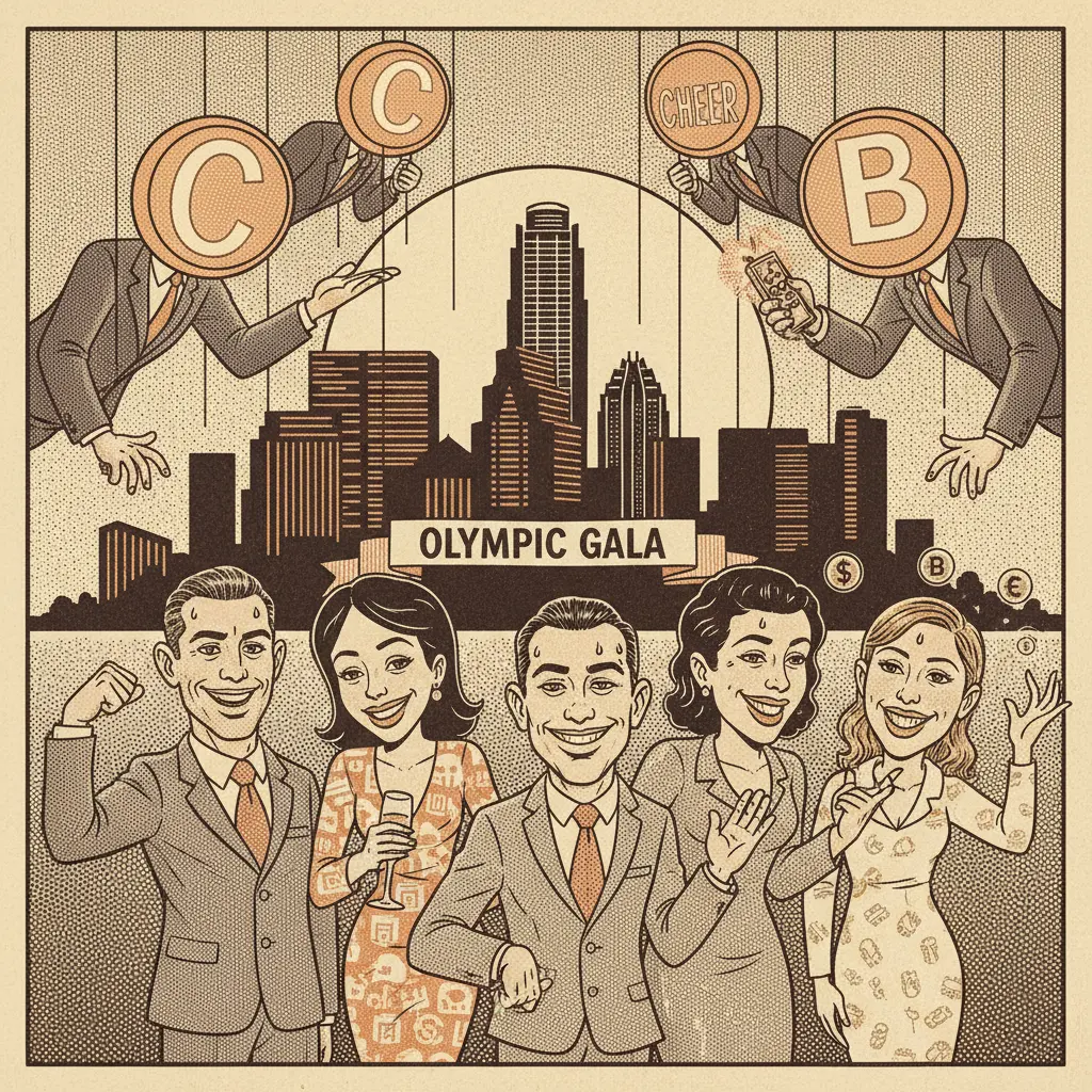 Editorial illustration: WITNESS ATHLETES PRETEND TO ENJOY PERFORMING FOR CORPORATE OVERLORDS AT OLYMPIC GALA