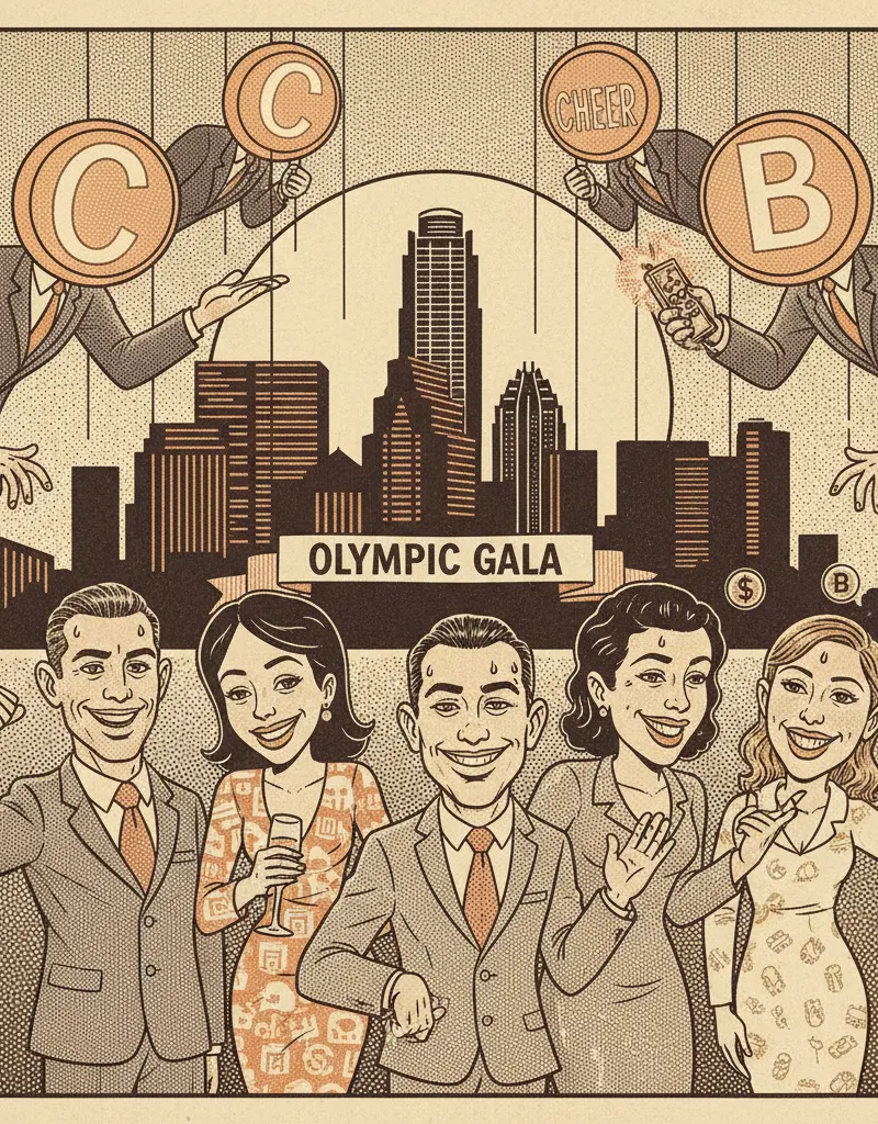 Editorial illustration: WITNESS ATHLETES PRETEND TO ENJOY PERFORMING FOR CORPORATE OVERLORDS AT OLYMPIC GALA